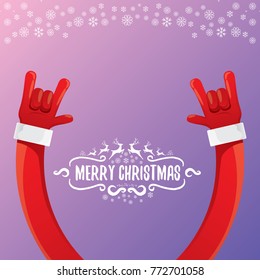 vector cartoon rock n roll Santa Claus character with calligraphic greeting text on violet background with snowflakes. Violet Merry Christmas Rock n roll party poster design or greeting card.