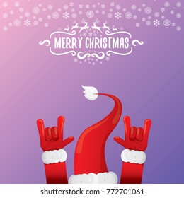 vector cartoon rock n roll Santa Claus character with calligraphic greeting text on violet background with snowflakes. Violet Merry Christmas Rock n roll party poster design or greeting card.