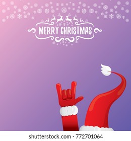 vector cartoon rock n roll Santa Claus character with calligraphic greeting text on violet background with snowflakes. Violet Merry Christmas Rock n roll party poster design or greeting card.