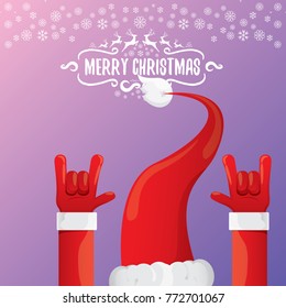 vector cartoon rock n roll Santa Claus character with calligraphic greeting text on violet background with snowflakes. Violet Merry Christmas Rock n roll party poster design or greeting card.