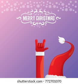 vector cartoon rock n roll Santa Claus character with calligraphic greeting text on violet background with snowflakes. Violet Merry Christmas Rock n roll party poster design or greeting card.