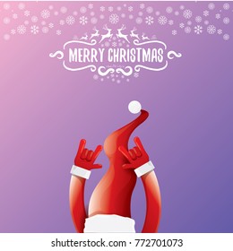 vector cartoon rock n roll Santa Claus character with calligraphic greeting text on violet background with snowflakes. Violet Merry Christmas Rock n roll party poster design or greeting card.