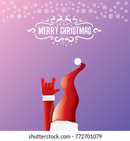 vector cartoon rock n roll Santa Claus character with calligraphic greeting text on violet background with snowflakes. Violet Merry Christmas Rock n roll party poster design or greeting card.