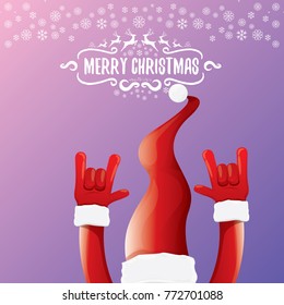 vector cartoon rock n roll Santa Claus character with calligraphic greeting text on violet background with snowflakes. Violet Merry Christmas Rock n roll party poster design or greeting card.