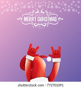 vector cartoon rock n roll Santa Claus character with calligraphic greeting text on violet background with snowflakes. Violet Merry Christmas Rock n roll party poster design or greeting card.