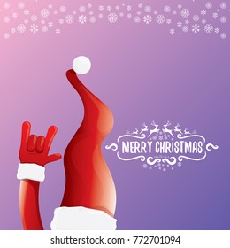 vector cartoon rock n roll Santa Claus character with calligraphic greeting text on violet background with snowflakes. Violet Merry Christmas Rock n roll party poster design or greeting card.