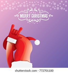 vector cartoon rock n roll Santa Claus character with calligraphic greeting text on violet background with snowflakes. Violet Merry Christmas Rock n roll party poster design or greeting card.