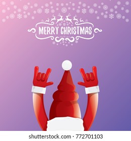 vector cartoon rock n roll Santa Claus character with calligraphic greeting text on violet background with snowflakes. Violet Merry Christmas Rock n roll party poster design or greeting card.