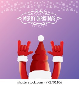 vector cartoon rock n roll Santa Claus character with calligraphic greeting text on violet background with snowflakes. Violet Merry Christmas Rock n roll party poster design or greeting card.