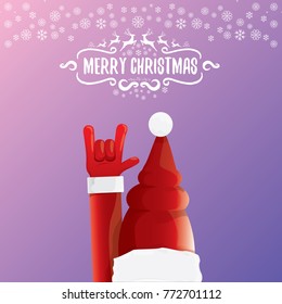 vector cartoon rock n roll Santa Claus character with calligraphic greeting text on violet background with snowflakes. Violet Merry Christmas Rock n roll party poster design or greeting card.
