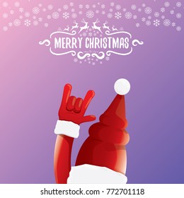 vector cartoon rock n roll Santa Claus character with calligraphic greeting text on violet background with snowflakes. Violet Merry Christmas Rock n roll party poster design or greeting card.