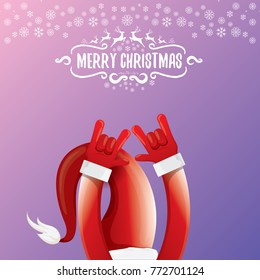 vector cartoon rock n roll Santa Claus character with calligraphic greeting text on violet background with snowflakes. Violet Merry Christmas Rock n roll party poster design or greeting card.
