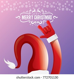 vector cartoon rock n roll Santa Claus character with calligraphic greeting text on violet background with snowflakes. Violet Merry Christmas Rock n roll party poster design or greeting card.