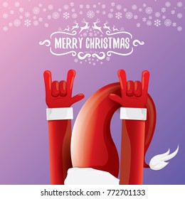 vector cartoon rock n roll Santa Claus character with calligraphic greeting text on violet background with snowflakes. Violet Merry Christmas Rock n roll party poster design or greeting card.