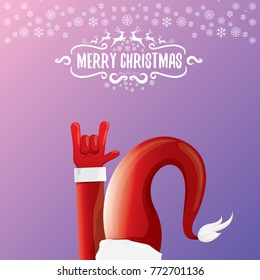vector cartoon rock n roll Santa Claus character with calligraphic greeting text on violet background with snowflakes. Violet Merry Christmas Rock n roll party poster design or greeting card.