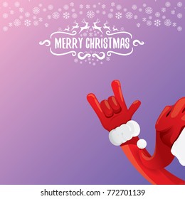 vector cartoon rock n roll Santa Claus character with calligraphic greeting text on violet background with snowflakes. Violet Merry Christmas Rock n roll party poster design or greeting card.