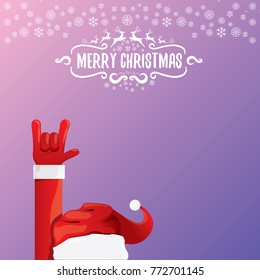 vector cartoon rock n roll Santa Claus character with calligraphic greeting text on violet background with snowflakes. Violet Merry Christmas Rock n roll party poster design or greeting card.