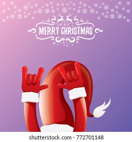 vector cartoon rock n roll Santa Claus character with calligraphic greeting text on violet background with snowflakes. Violet Merry Christmas Rock n roll party poster design or greeting card.