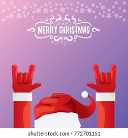 vector cartoon rock n roll Santa Claus character with calligraphic greeting text on violet background with snowflakes. Violet Merry Christmas Rock n roll party poster design or greeting card.