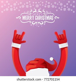 vector cartoon rock n roll Santa Claus character with calligraphic greeting text on violet background with snowflakes. Violet Merry Christmas Rock n roll party poster design or greeting card.
