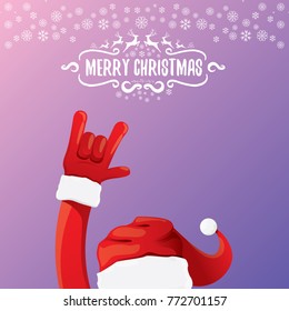 vector cartoon rock n roll Santa Claus character with calligraphic greeting text on violet background with snowflakes. Violet Merry Christmas Rock n roll party poster design or greeting card.
