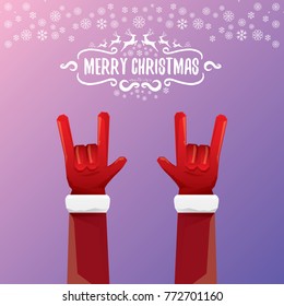 vector cartoon rock n roll Santa Claus character with calligraphic greeting text on violet background with snowflakes. Violet Merry Christmas Rock n roll party poster design or greeting card.