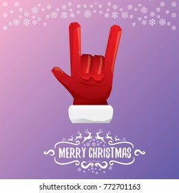 vector cartoon rock n roll Santa Claus character with calligraphic greeting text on violet background with snowflakes. Violet Merry Christmas Rock n roll party poster design or greeting card.