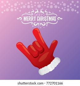 vector cartoon rock n roll Santa Claus character with calligraphic greeting text on violet background with snowflakes. Violet Merry Christmas Rock n roll party poster design or greeting card.