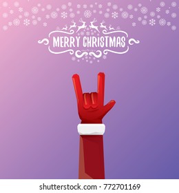 vector cartoon rock n roll Santa Claus character with calligraphic greeting text on violet background with snowflakes. Violet Merry Christmas Rock n roll party poster design or greeting card.