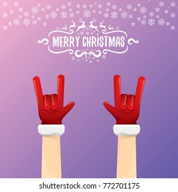 vector cartoon rock n roll Santa Claus character with calligraphic greeting text on violet background with snowflakes. Violet Merry Christmas Rock n roll party poster design or greeting card.