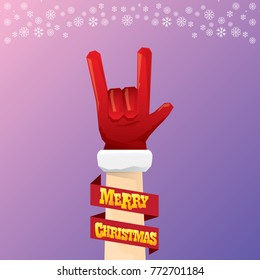 vector cartoon rock n roll Santa Claus character with calligraphic greeting text on violet background with snowflakes. Violet Merry Christmas Rock n roll party poster design or greeting card.