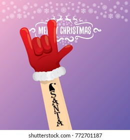 vector cartoon rock n roll Santa Claus character with calligraphic greeting text on violet background with snowflakes. Violet Merry Christmas Rock n roll party poster design or greeting card.