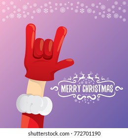 vector cartoon rock n roll Santa Claus character with calligraphic greeting text on violet background with snowflakes. Violet Merry Christmas Rock n roll party poster design or greeting card.