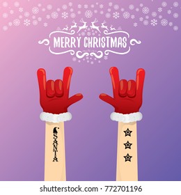 vector cartoon rock n roll Santa Claus character with calligraphic greeting text on violet background with snowflakes. Violet Merry Christmas Rock n roll party poster design or greeting card.