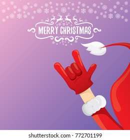 vector cartoon rock n roll Santa Claus character with calligraphic greeting text on violet background with snowflakes. Violet Merry Christmas Rock n roll party poster design or greeting card.