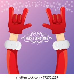 vector cartoon rock n roll Santa Claus character with calligraphic greeting text on violet background with snowflakes. Violet Merry Christmas Rock n roll party poster design or greeting card.