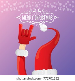 vector cartoon rock n roll Santa Claus character with calligraphic greeting text on violet background with snowflakes. Violet Merry Christmas Rock n roll party poster design or greeting card.