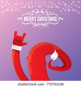 vector cartoon rock n roll Santa Claus character with calligraphic greeting text on violet background with snowflakes. Violet Merry Christmas Rock n roll party poster design or greeting card.