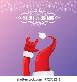 vector cartoon rock n roll Santa Claus character with calligraphic greeting text on violet background with snowflakes. Violet Merry Christmas Rock n roll party poster design or greeting card.