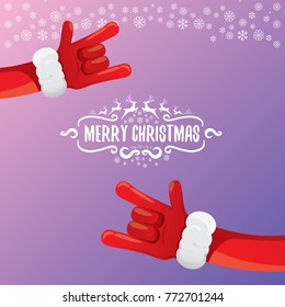 vector cartoon rock n roll Santa Claus character with calligraphic greeting text on violet background with snowflakes. Violet Merry Christmas Rock n roll party poster design or greeting card.