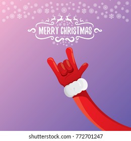 vector cartoon rock n roll Santa Claus character with calligraphic greeting text on violet background with snowflakes. Violet Merry Christmas Rock n roll party poster design or greeting card.