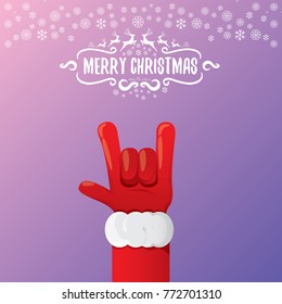 vector cartoon rock n roll Santa Claus character with calligraphic greeting text on violet background with snowflakes. Violet Merry Christmas Rock n roll party poster design or greeting card.