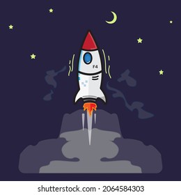 Vector cartoon rocket gliding between the stars and the moon, perfect for illustration and animation