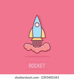 Vector cartoon rocket icon in comic style. Startup launch sign illustration pictogram. Rocket business splash effect concept.
