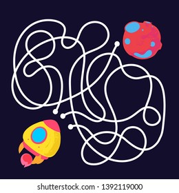 Vector cartoon rocket and planet in children's style. Vector illustrations for children books. Labyrinth. Educational game for children. 