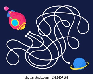 Vector cartoon rocket and planet in children's style. Vector illustrations for children books. Labyrinth. Educational game for children. 