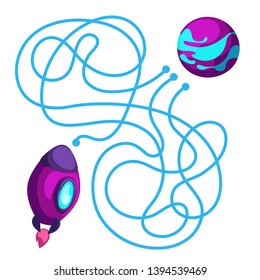 Vector cartoon rocket and planet in children's style. Vector illustrations for children books. Labyrinth. Educational game for children. 
