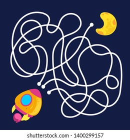 Vector cartoon rocket and planet in children's style. Vector illustrations for children books. Labyrinth. Educational game for children. 