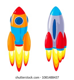 Vector cartoon rockets, spaceships set. Chrome silver red orange colored spacecraft. Game interface, business creativity, startup leadership, innovation concept design element. Futuristic illustration