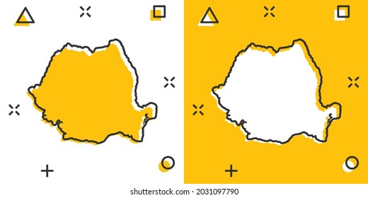 Vector cartoon Romania map icon in comic style. Romania sign illustration pictogram. Cartography map business splash effect concept.